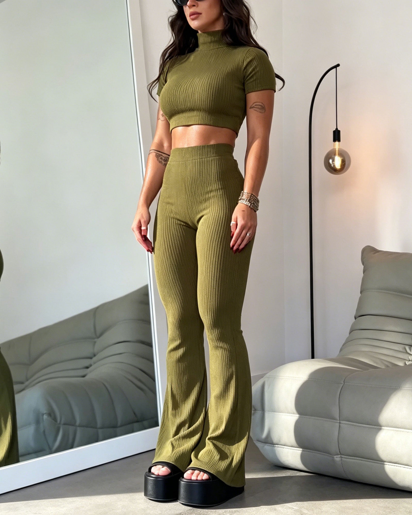 Ribbed Knit Turtleneck Short Sleeved Crop Top And High Waisted Flared Pants Two Piece Set
