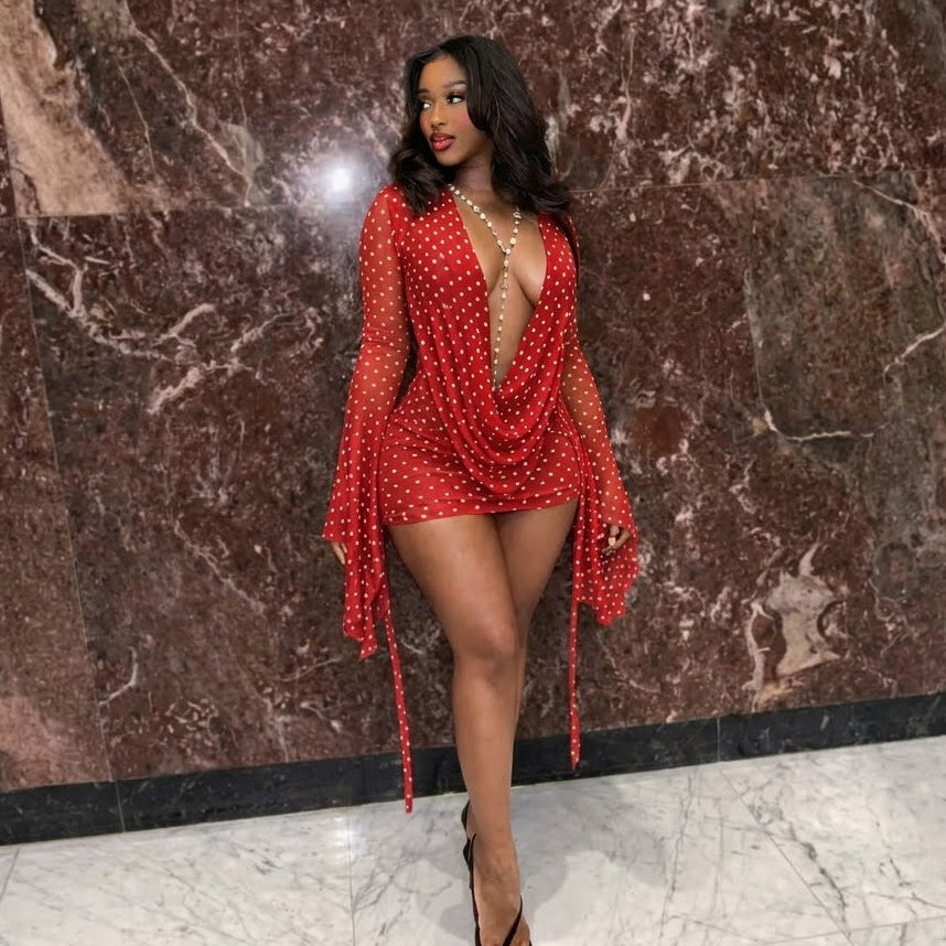 Polka Dot Bell Sleeve Mini Dress