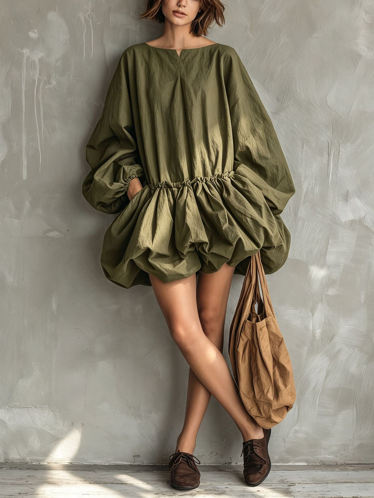 Solid Off-Shoulder Drawstring Dress