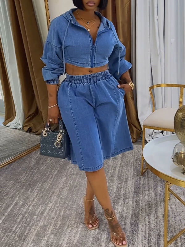 Denim Hooded Jacket & Shorts Set