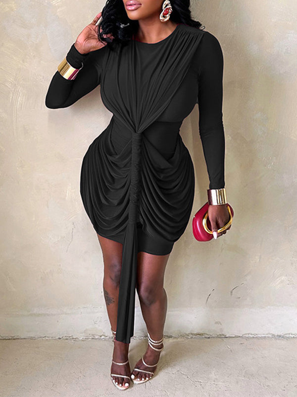 Solid Ruched Draped Dress Black