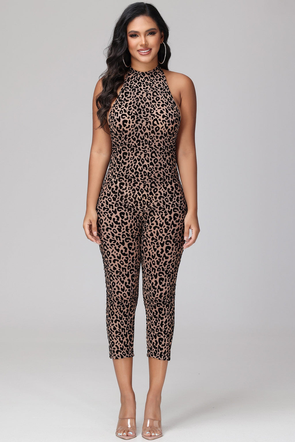Leopard Mesh Capri Jumpsuit