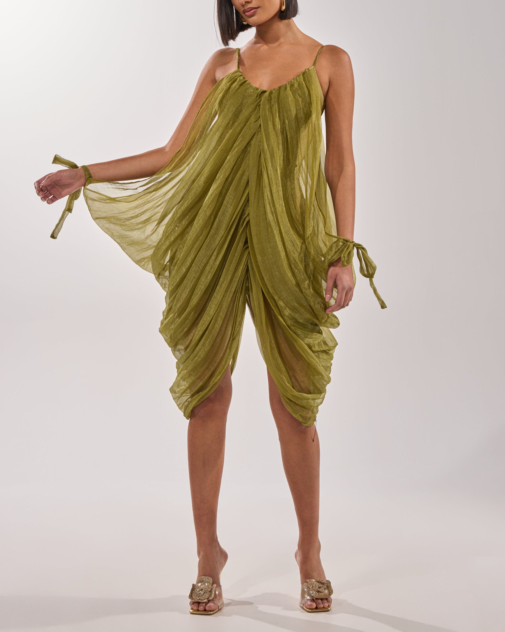 Women's Elegant Draped Mesh Midi Dress Sexy Plunging Neckline Ruched Cami Slip Dress