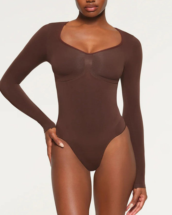 Tummy Shaping V Neck Slimming Thong Bodysuit Brown