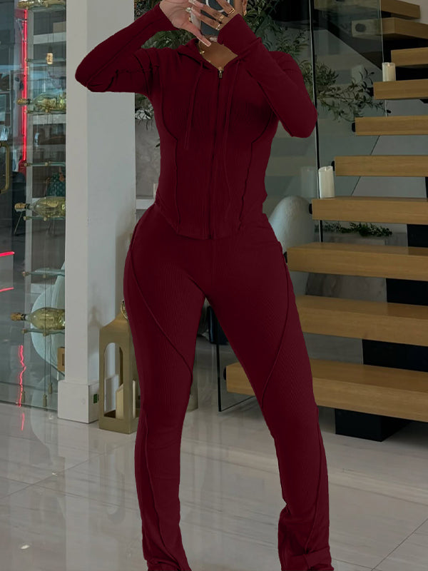 Zip-Front Hoodie & Slit Pants Set Burgundy