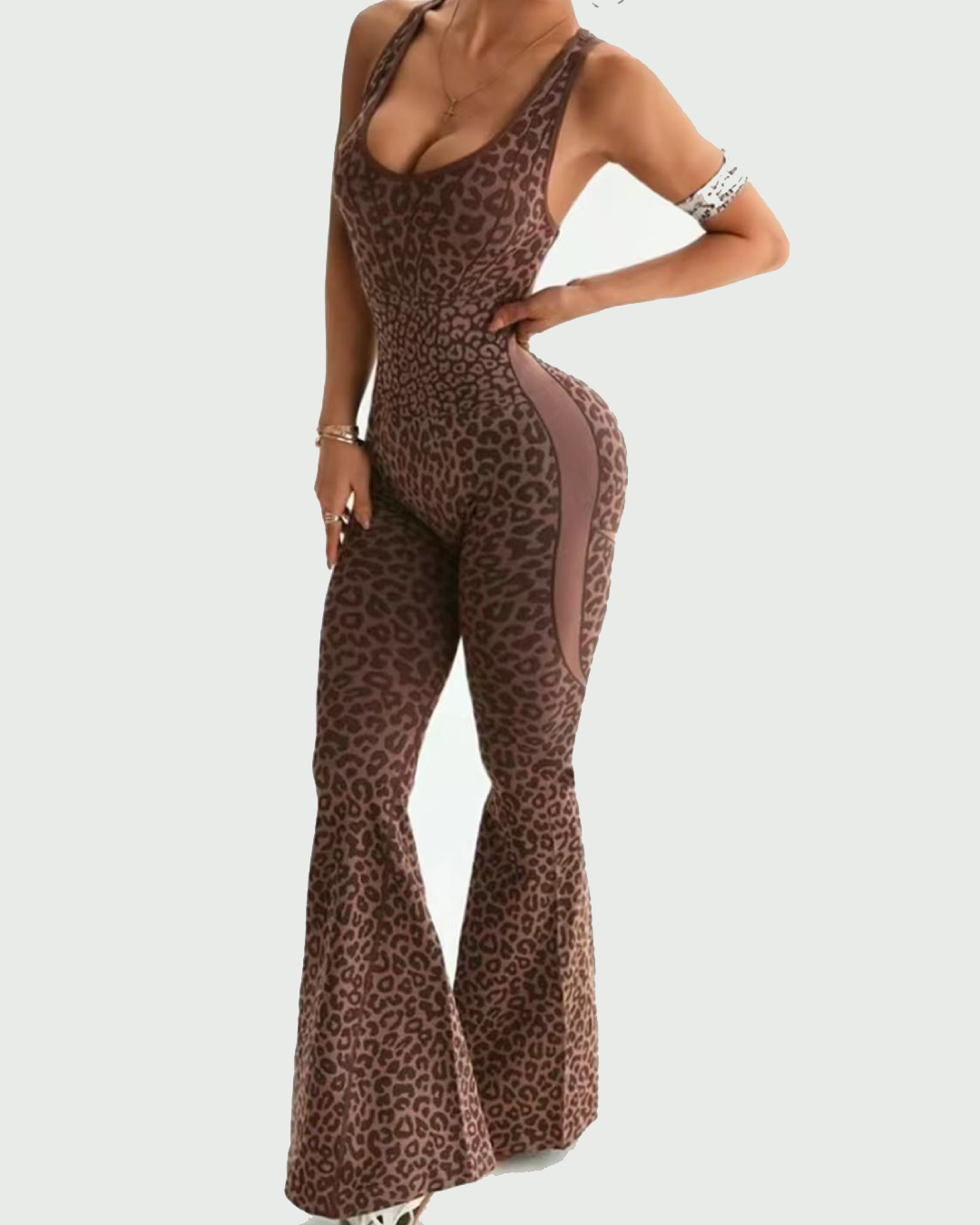 Women's Leopard Print Flared Leggings Bodysuit RosyBrown