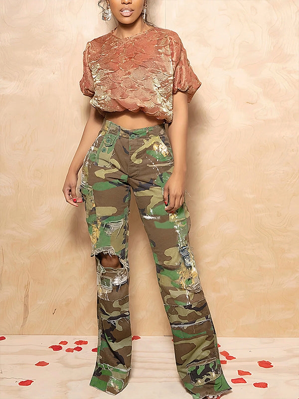 Ripped Camo Cargo Pants Olive
