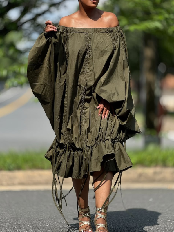 Solid Off-Shoulder Drawstring Dress Olive