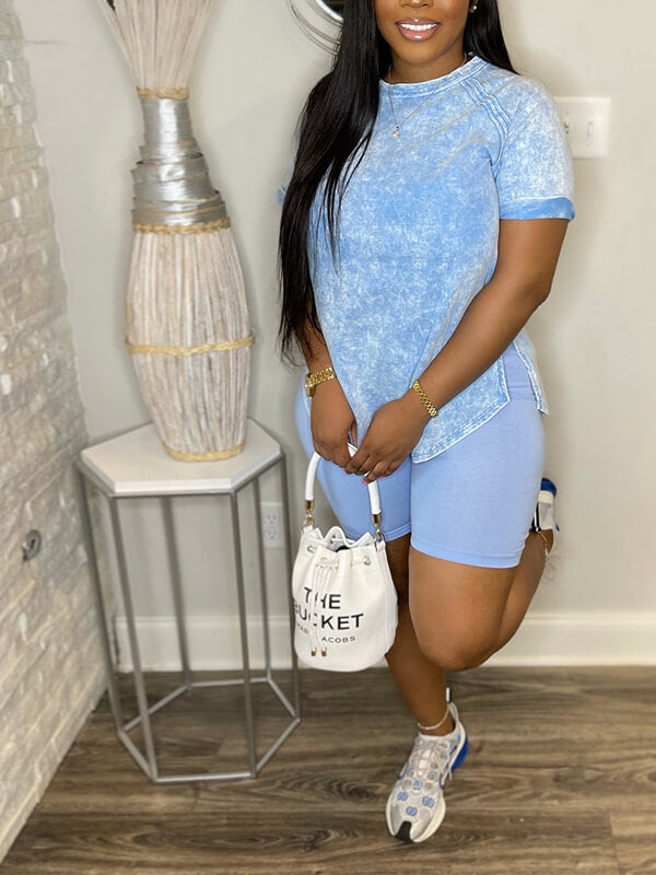 Printed Slit Tee & Biker Shorts Set--Clearance Icy Blue 3XL