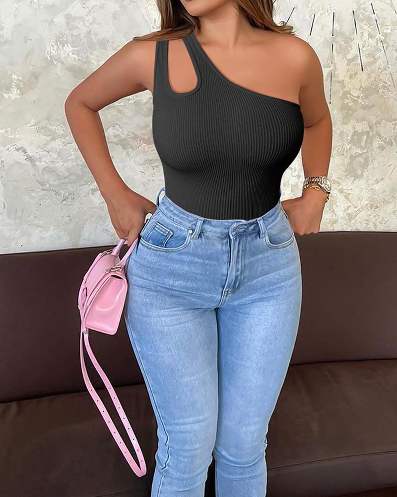 Fashion Ribbed One Shoulder Tummy Control Sexy Bodysuits