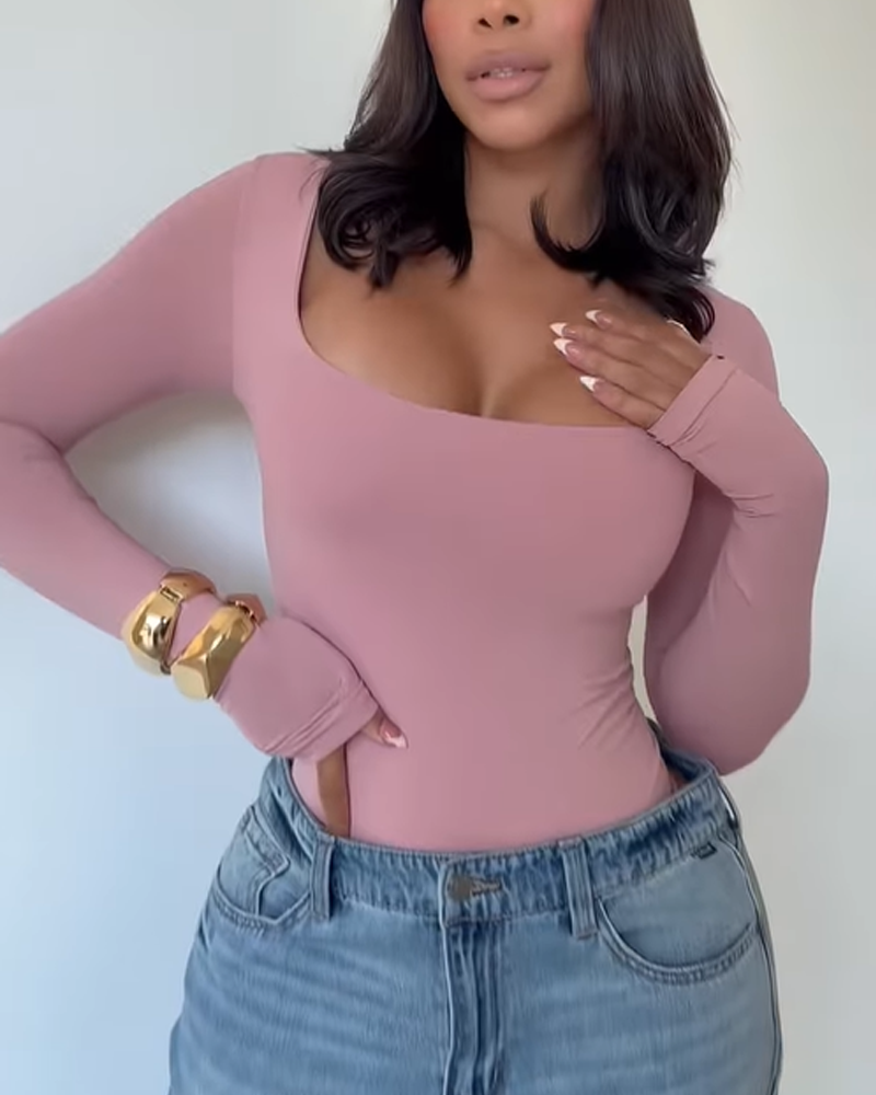 Square Neck Slim Tummy Control Long Sleeve Bodysuit