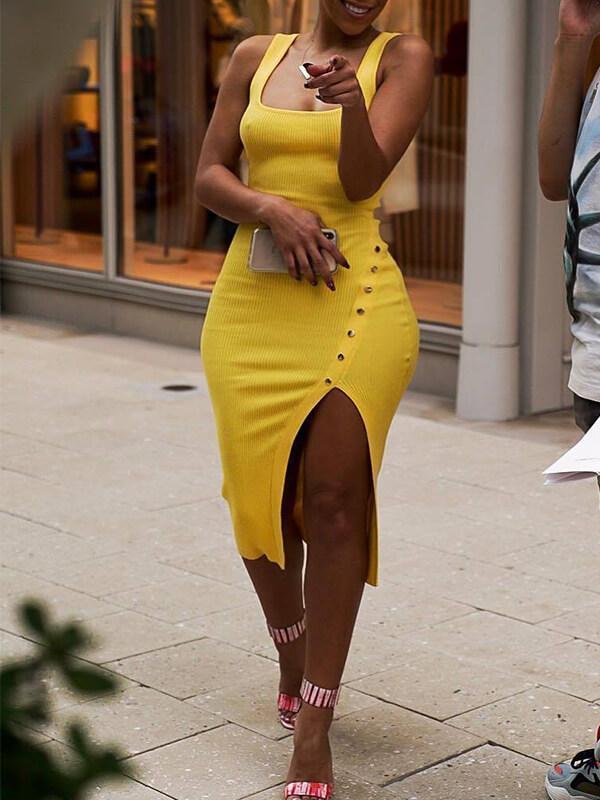 Sleeveless Square-Neck Slit Dress--Clearance Yellow 3XL
