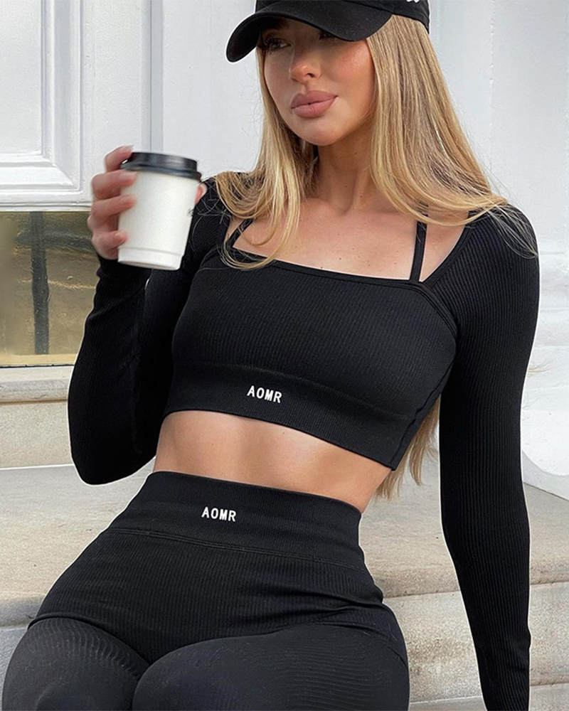 Solid Color Knitted Letter Tight Suits