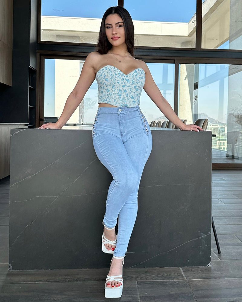 Women Fashion Design Braided Skinny Jeans Lightblue