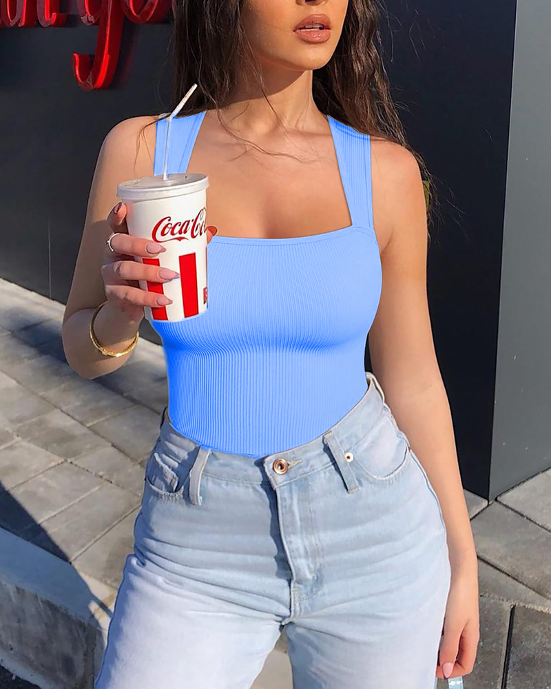 Seamless Ribbed Sleeveless Bodysuit Lightblue
