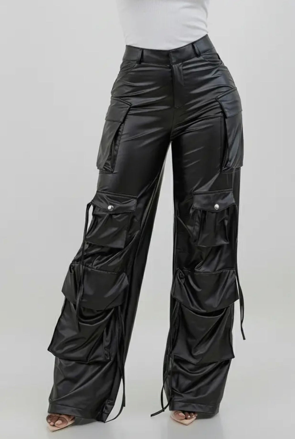 Barbara Faux Leather Baddie Cargo Pants Black