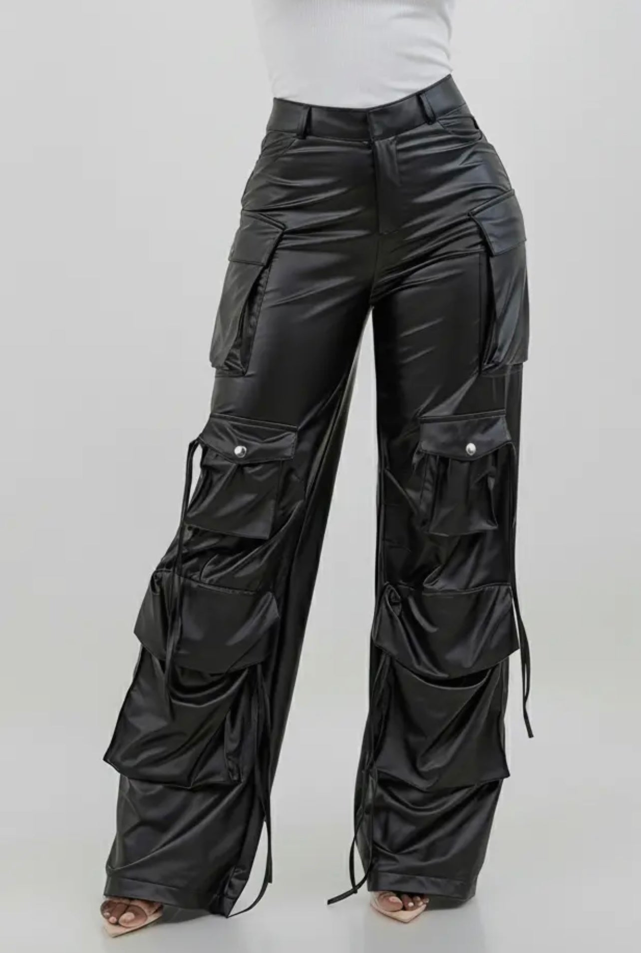 Barbara Faux Leather Baddie Cargo Pants Black