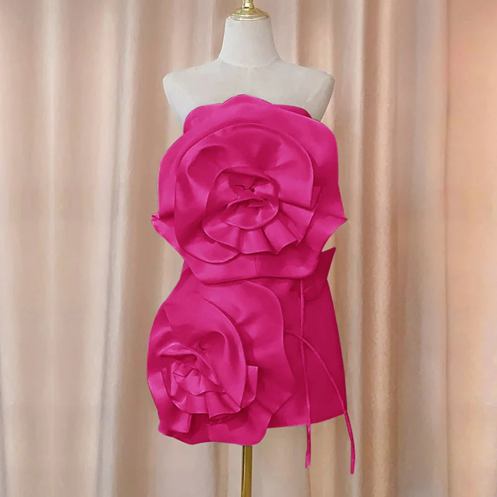 3D Flower Mini Dress Rose Red