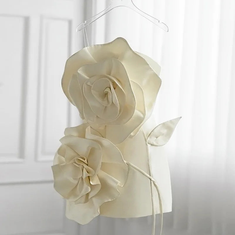 3D Flower Mini Dress Beige
