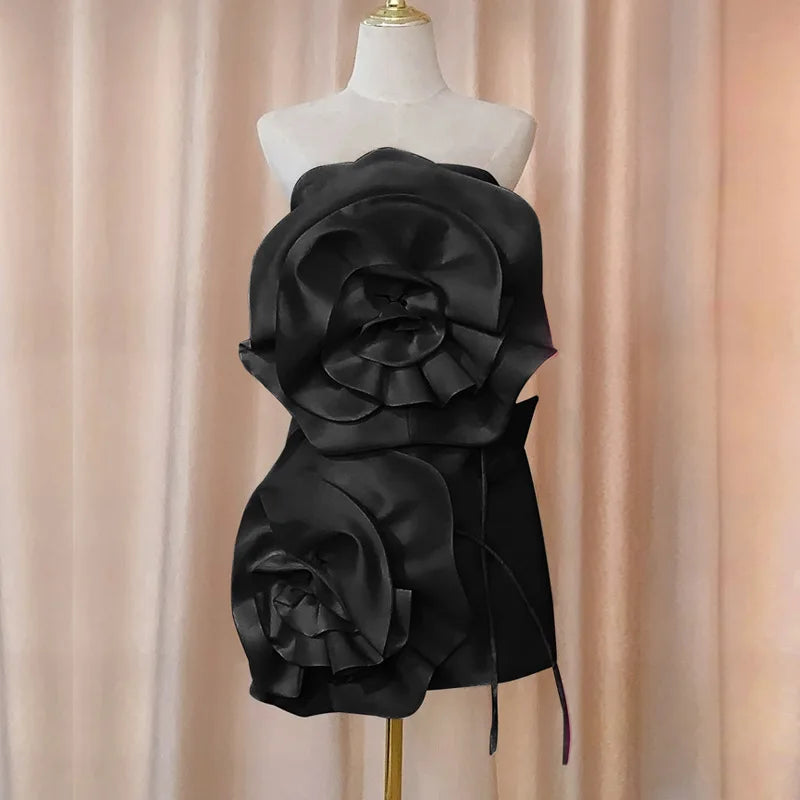 3D Flower Mini Dress Black