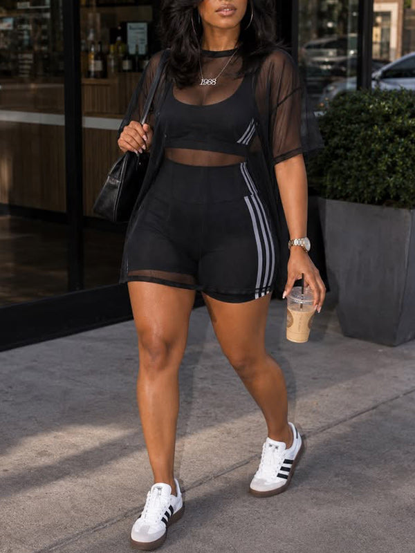 Side-Stripe Shorts Set with Sheer Dress