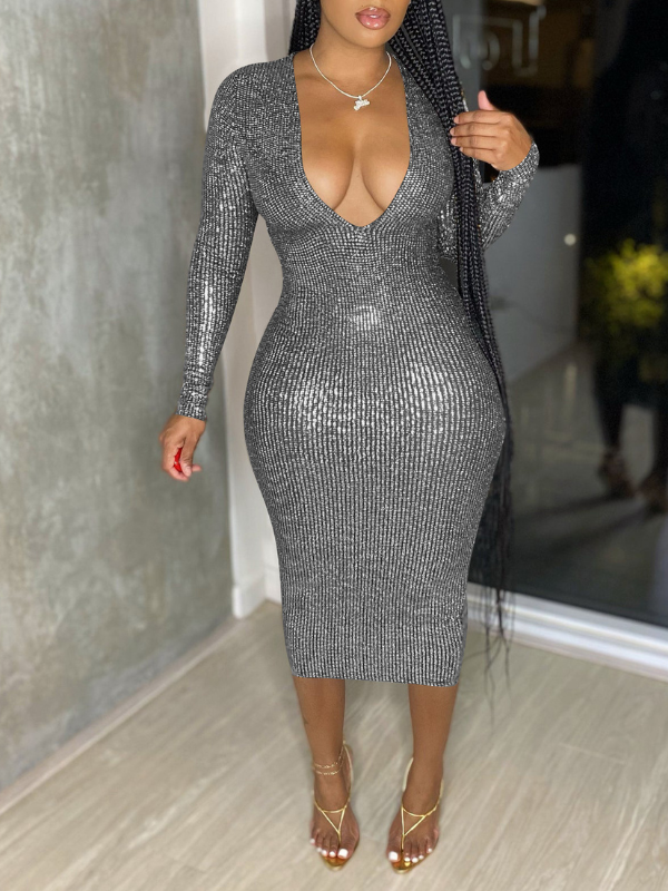 Sparkly V-Neck Dress Silver