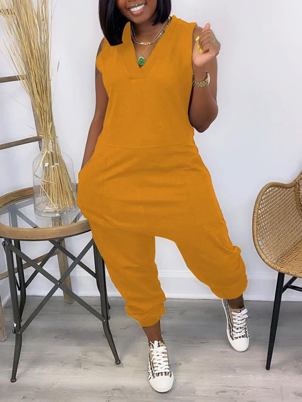 V-Neck Sleeveless Jumpsuit--Clearance Mustard S