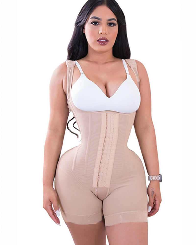 Fashion Tummy Control Double Compression Adjustable Bodysuit Beige