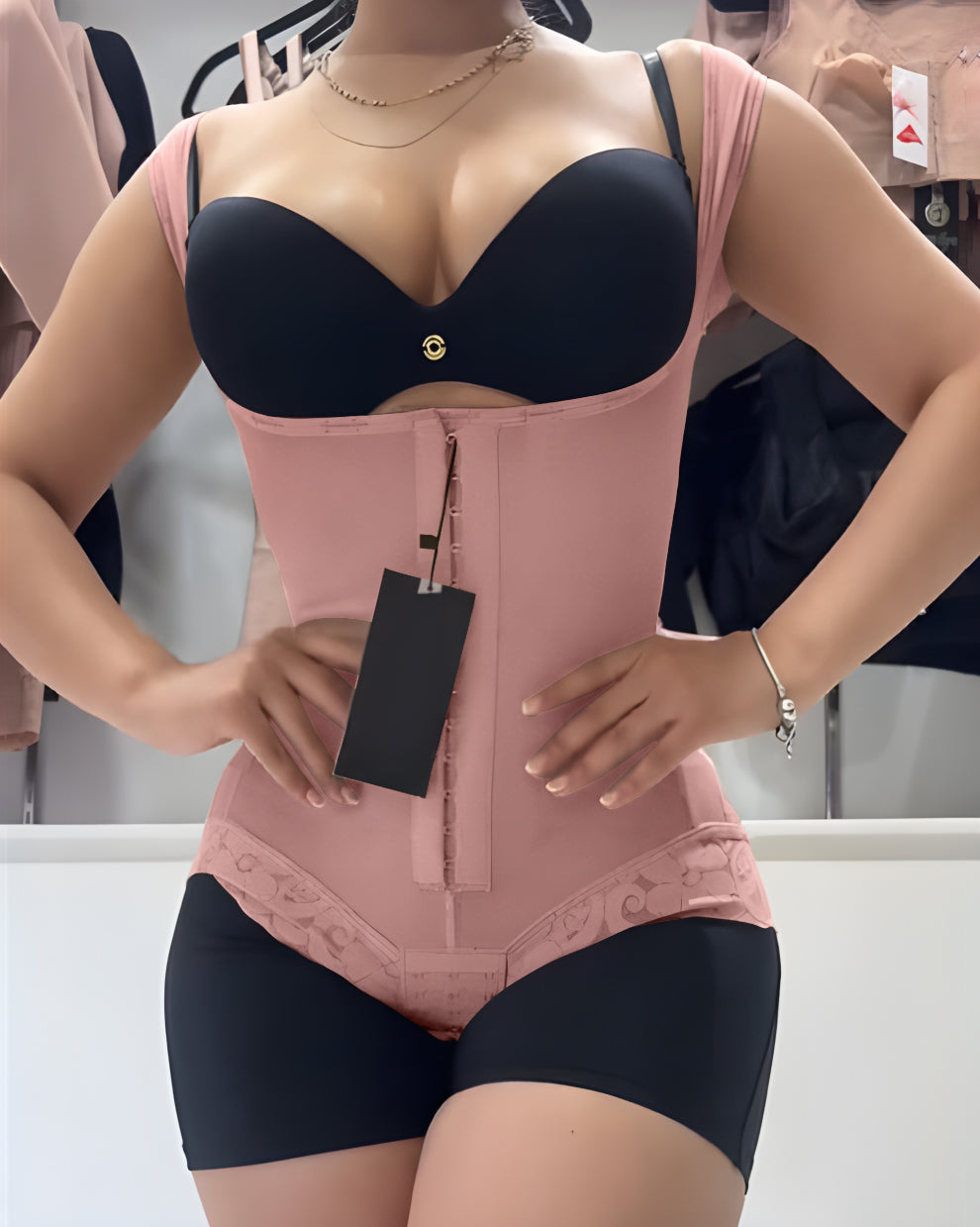 Tummy Control Butt-Lifting Slimming Short One-Piece Hook Eye Shapewear With Wide Straps RosyBrown