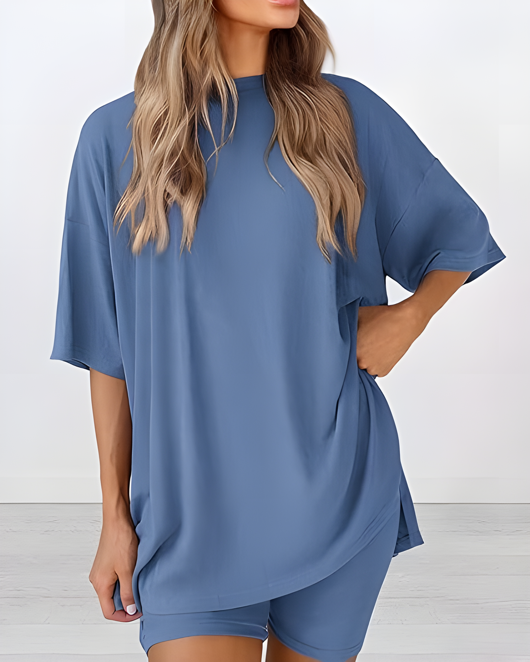 Casual Two-Piece Lounge Set Oversized Split Hem Shirt Blue