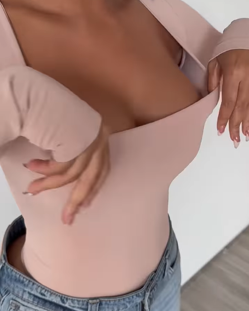 Square Neck Slim Tummy Control Long Sleeve Bodysuit