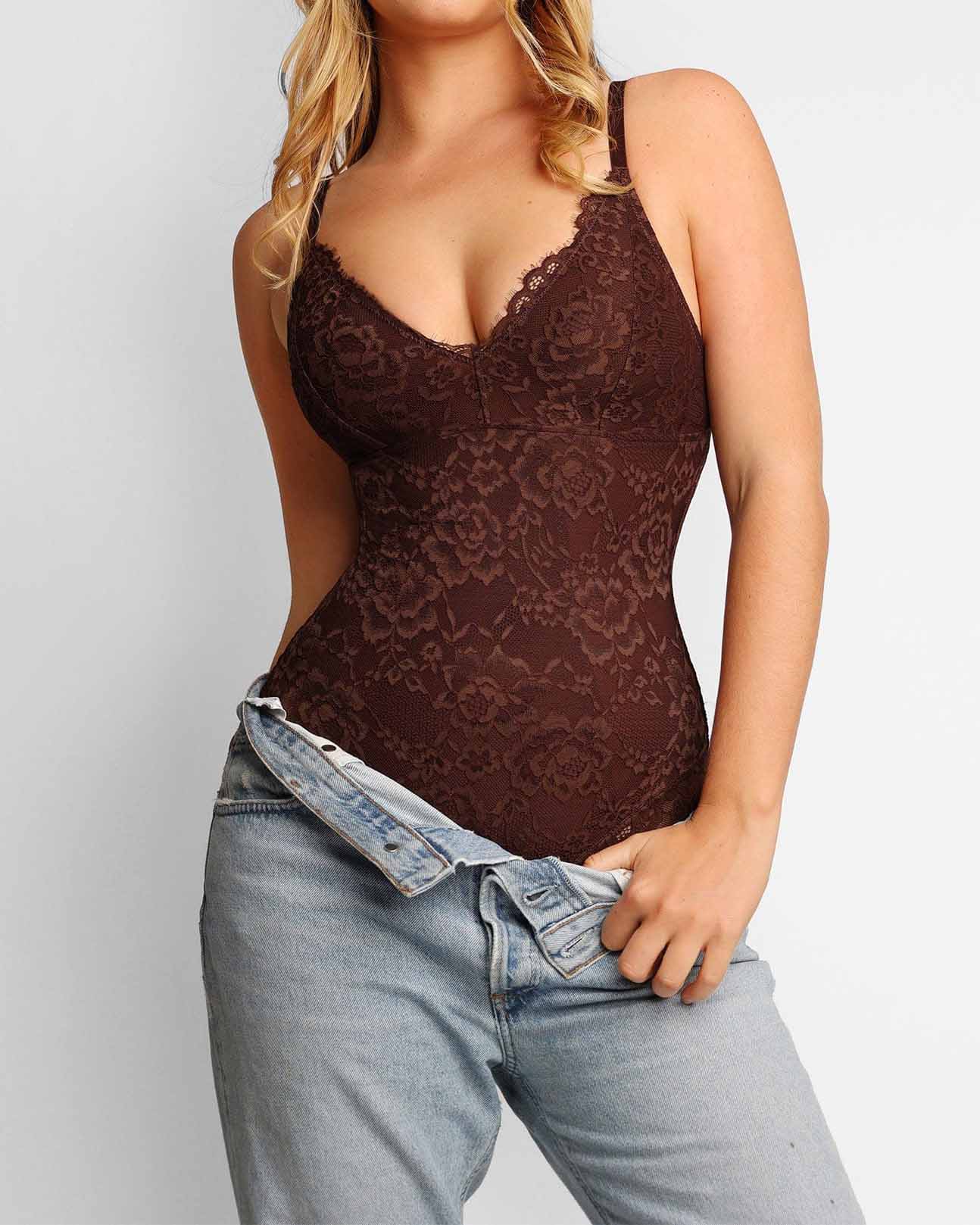 Fashion Lace Firm Thong Comfortable Bodysuit Brown