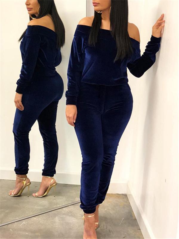 Off Shoulder Velvet Co-ord Dark Blue