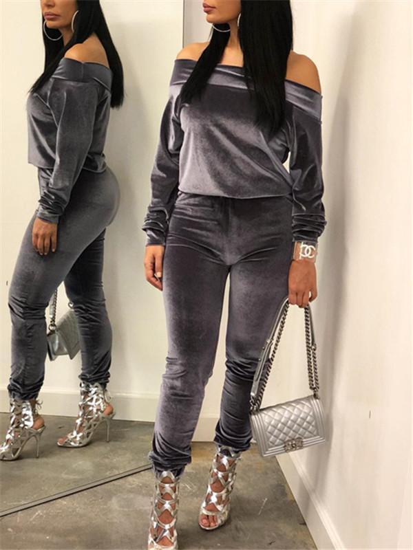 Off Shoulder Velvet Co-ord Gray