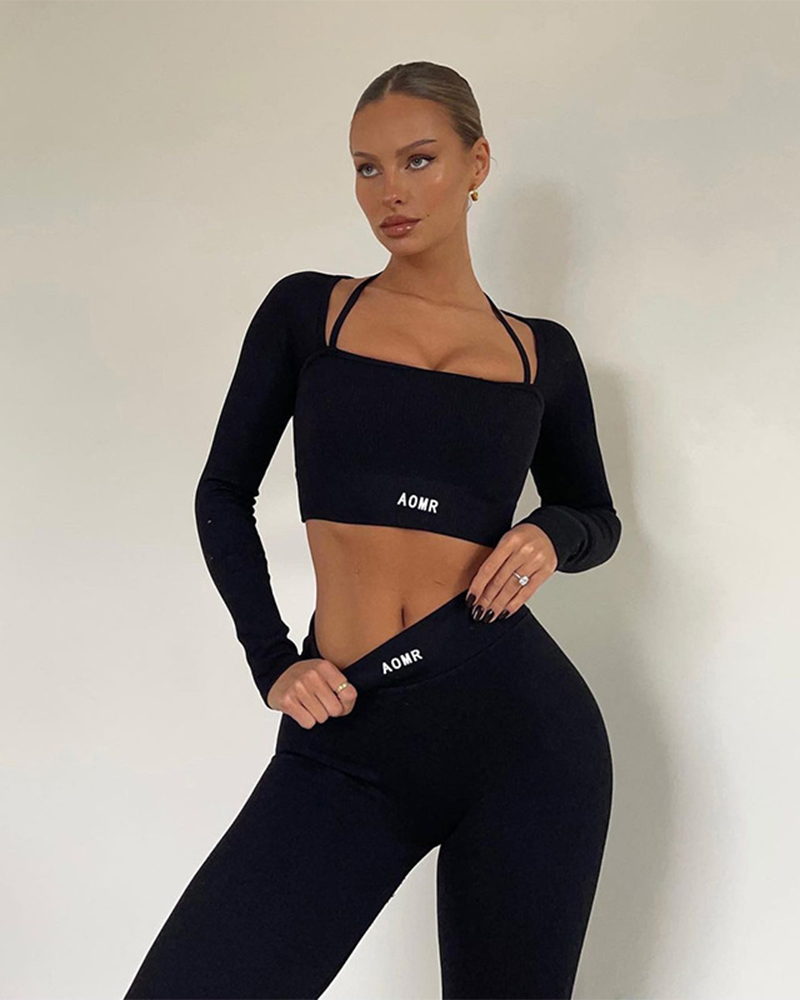 Solid Color Knitted Letter Tight Suits