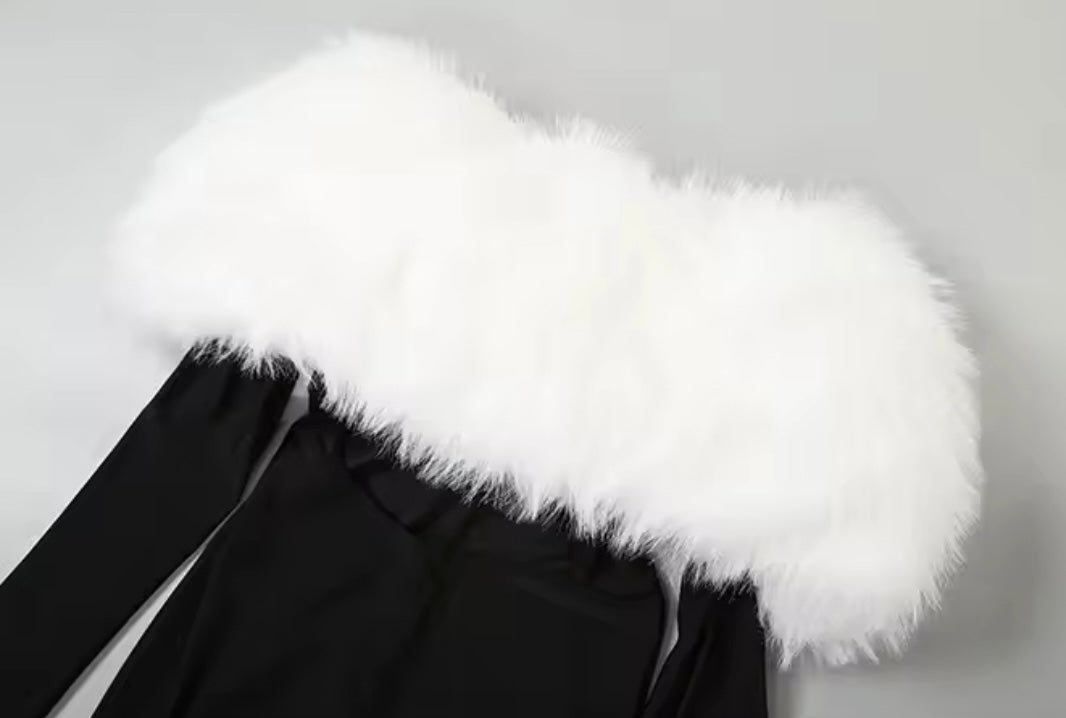 Myai Black Fur Top Shoulderless Jumpsuit