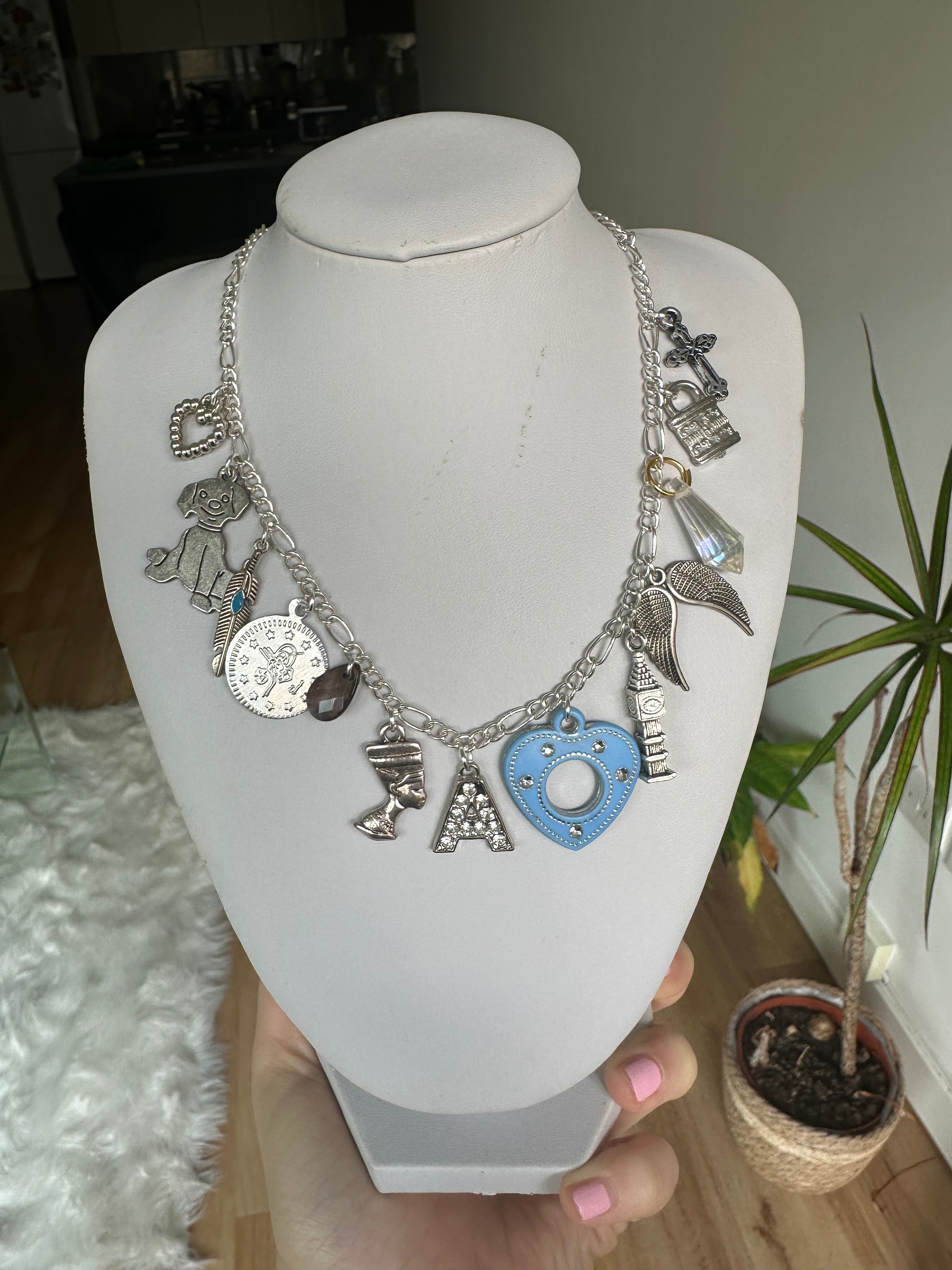 Silver multi charm initial necklace