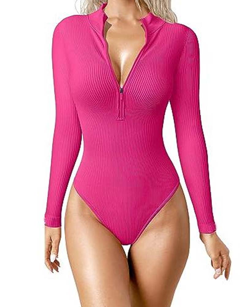 Fashion Long Sleeve Zipper Front Sexy Ribbed Tights Pink
