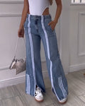Loose Fit Jeans With Vertical Slits Lightblue