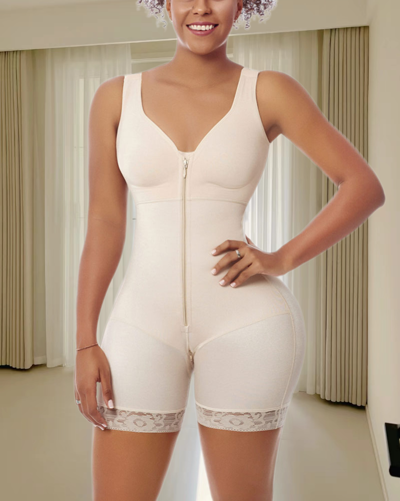 Women Zipper Butt Lifter High Back Bodysuit Beige