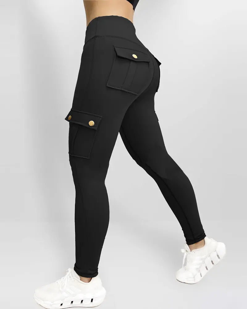 Pocket Design Butt Lifting Active Pants Black