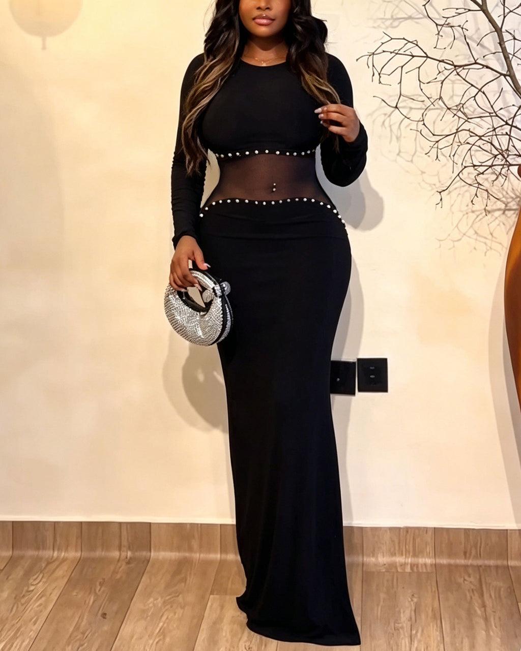 Long-Sleeve Mesh Waist Cutout Maxi Dress with Rhinestone Trim & High Slit