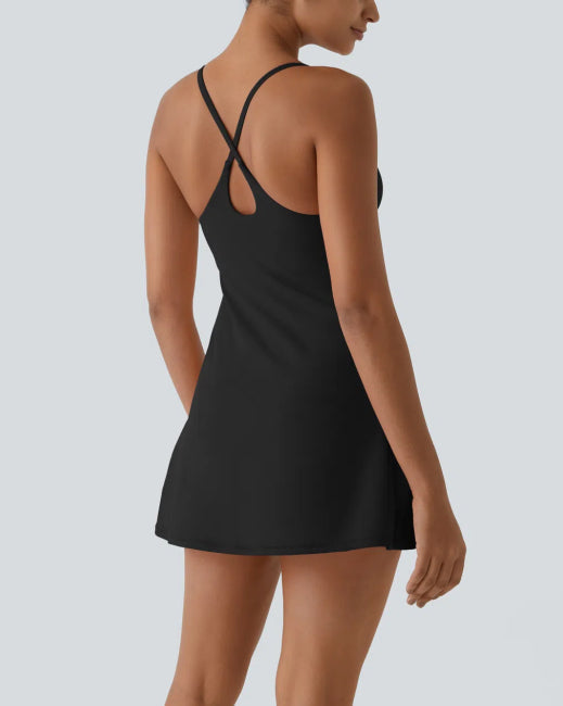Womens Spaghetti Strap Backless Flare Workout Dress With Shorts
