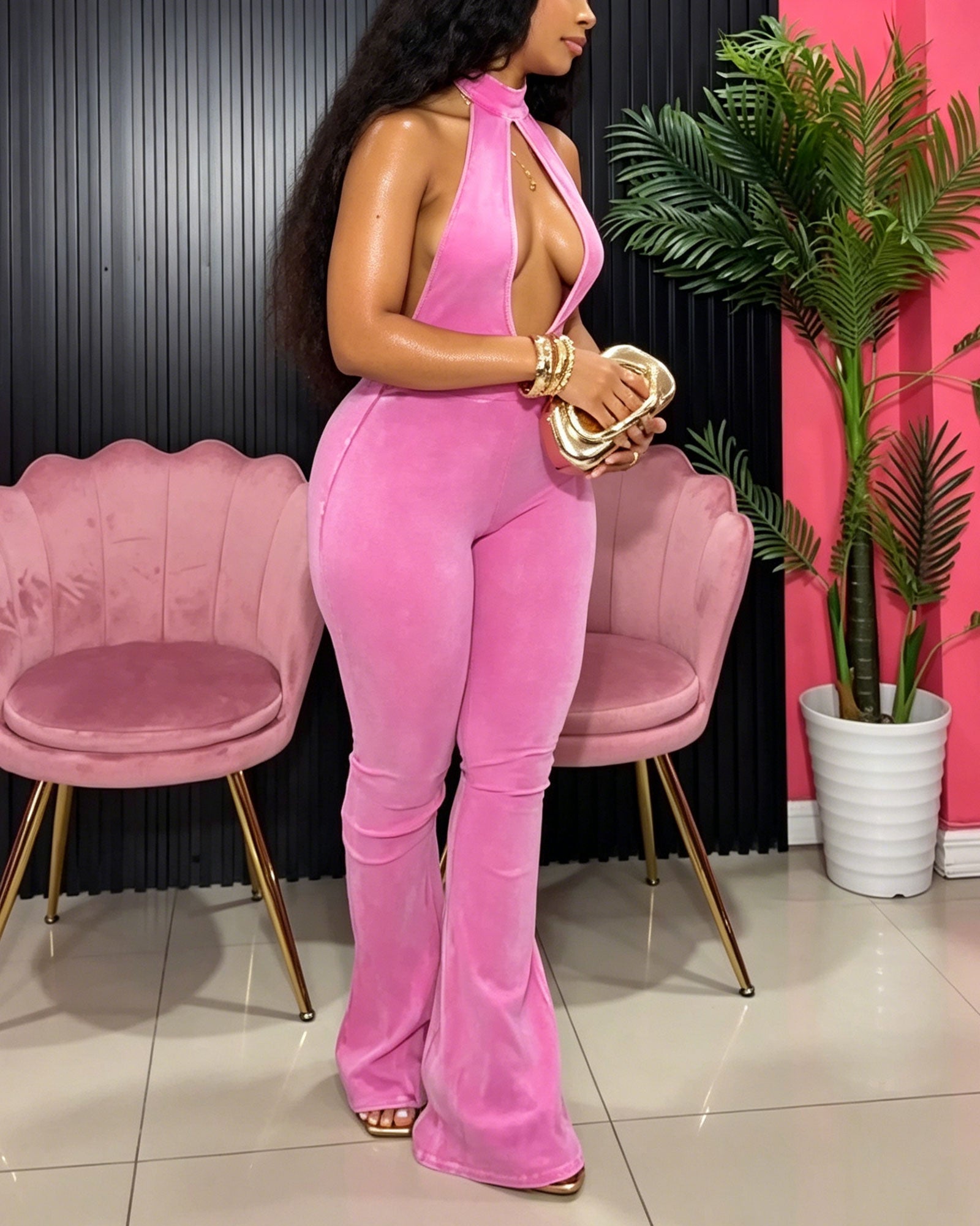 Solid Color Velvet Backless Flared Pants