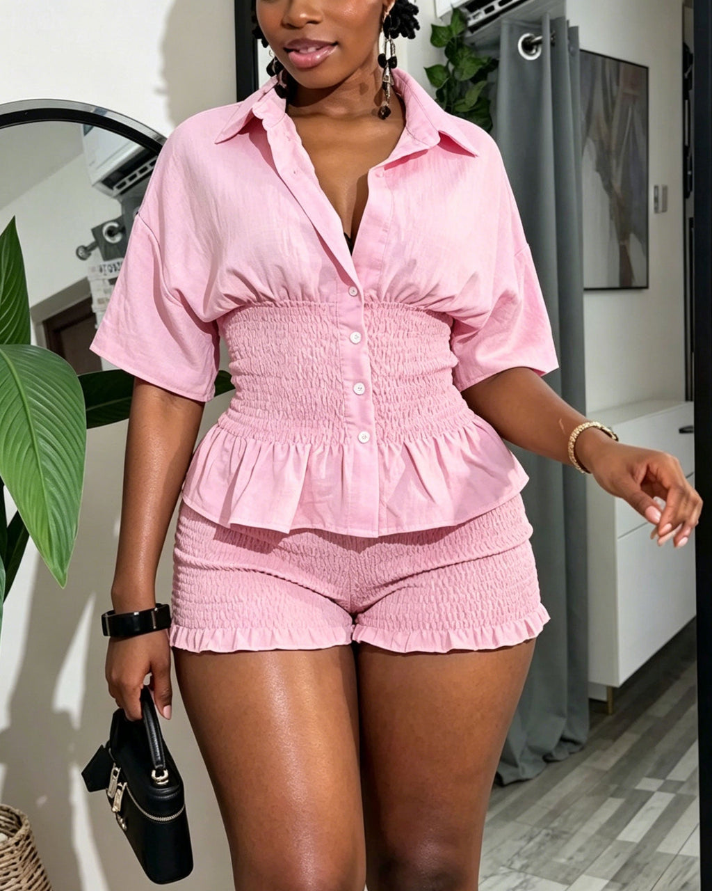 Two-Piece Set: A Ruffled Waist Short Sleeved  Shirt And Ruffled Shorts