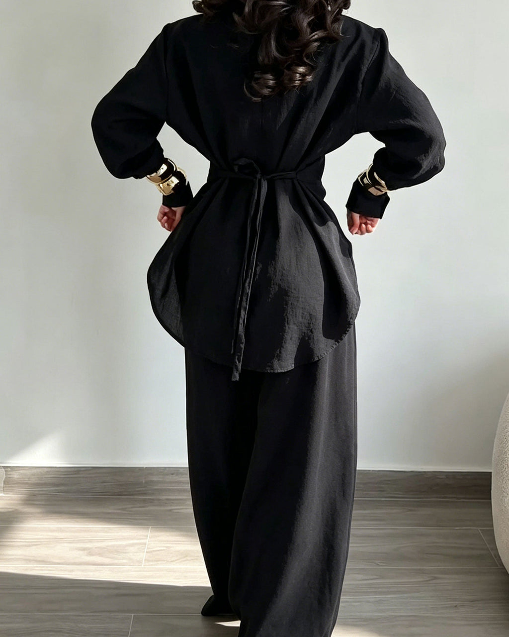 Two Piece Set: Long Sleeved Shirt With Back Tie And High Waisted Wide Leg Pants