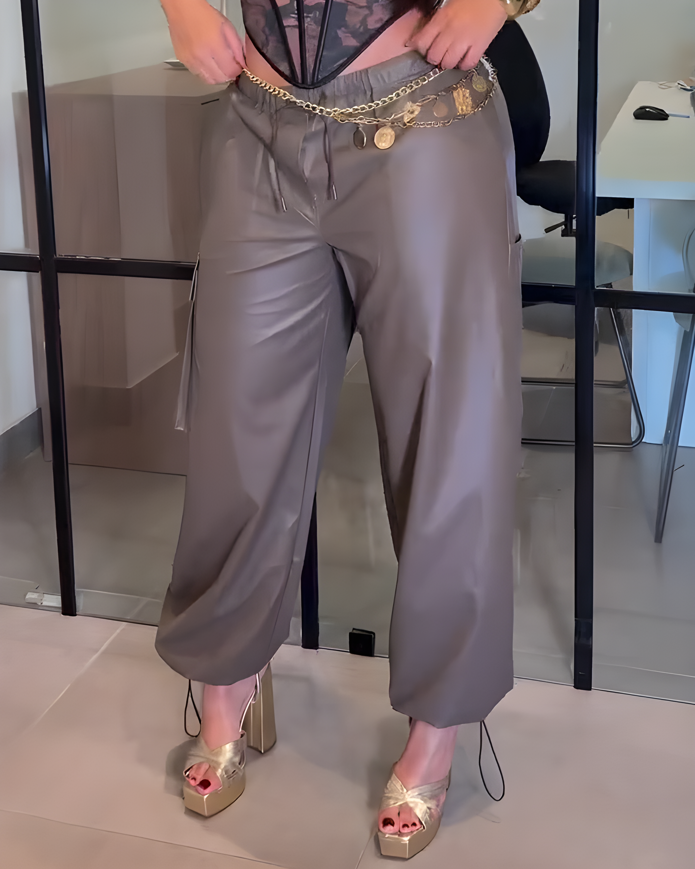 Stylish Leather Slim-Fit Casual Pants Brown