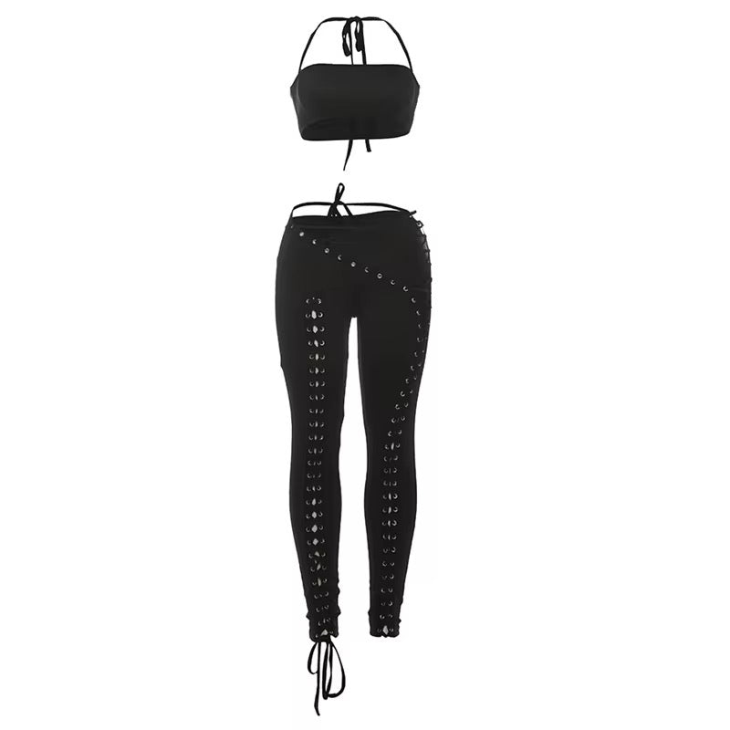 Kieo Black Lace Up Two Piece Set