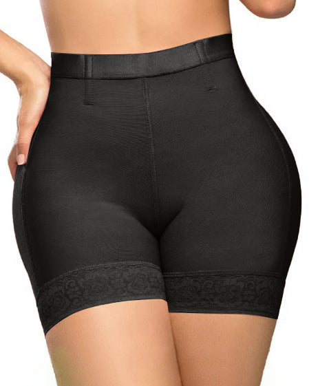 High Waist Lace Trim Butt Sculpting Short Black