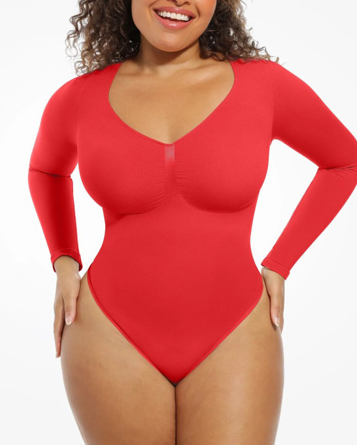Tummy Shaping V Neck Slimming Thong Bodysuit Red